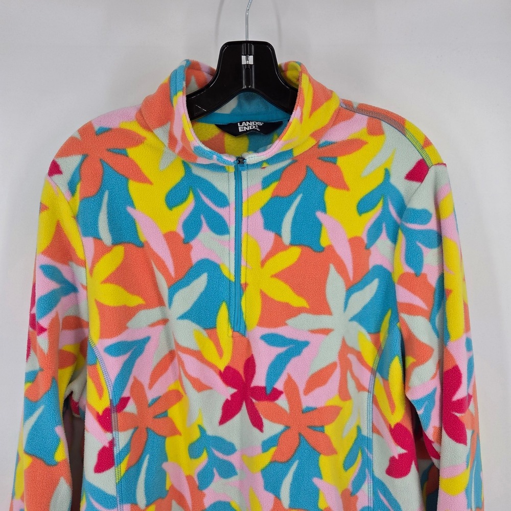 Lands End 1X Plus Fleece Quarter Zip Pullover Tropical Floral Print Sweatshirt - Picture 3 of 4